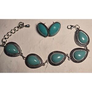 Turquoise Boho Teardrop Bracelet Earrings Set Silver Tone Women‎ Costume Jewelry